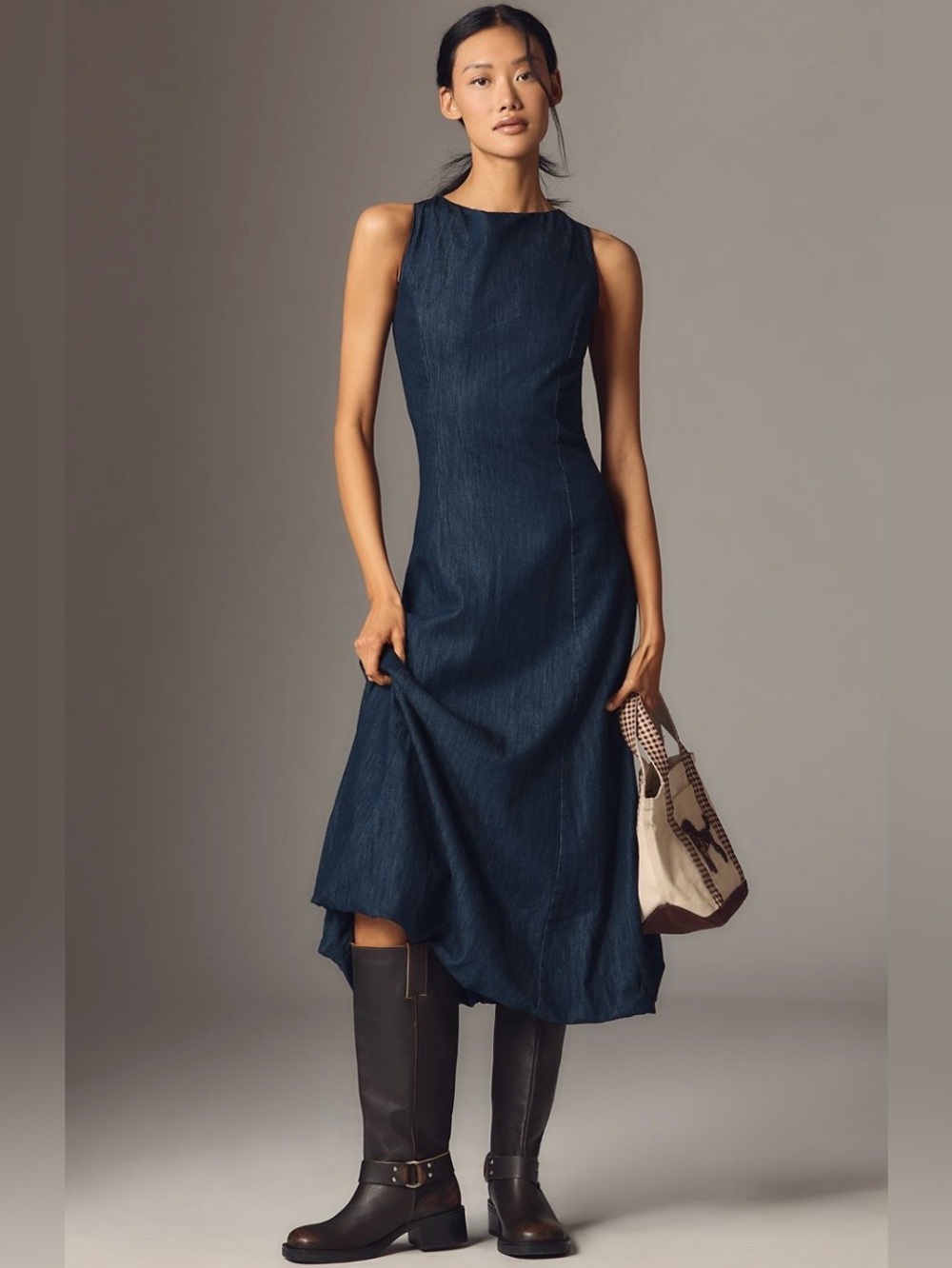 By Anthropologie BoatNeck Denim Bubble Midi Dress in Dark Wash Sz XL